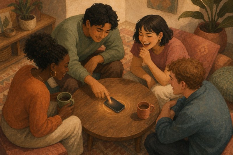 Friends sitting in a circle around one phone