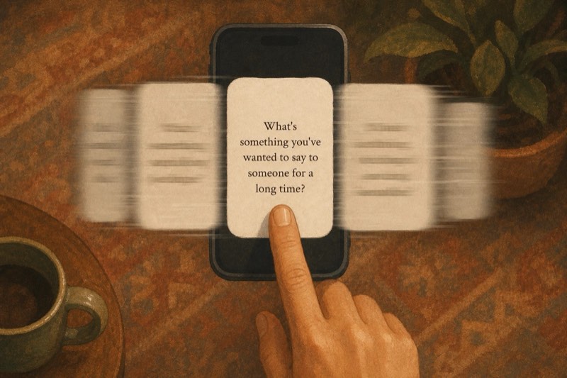 A finger held on the screen, spinning the question reel
